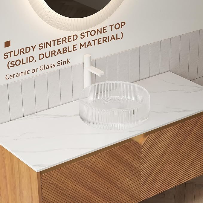 48 Inch Bathroom Vanity with Sink, Floating Fluted Vanity with Vessel Sink, Modern Wall Mounted Bathroom Vanity Cabinet with 2 Doors, Glass Vessel Sink & Sintered Stone Top, Oak