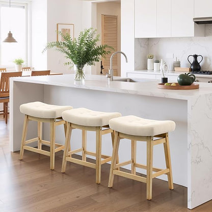 Counter Height Bar Stools Set of 3 for Kitchen Counter Farmhouse Modern Barstools with Upholstered Fabric Backless Seat and Solid Wood Legs 24 inch Bar Chairs, Khaki + Wood Color
