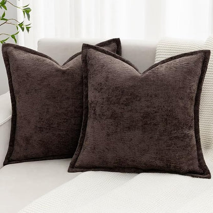 Brown Decorative Throw Pillow Covers 22x22 Inch Set of 2 Cozy Soild Chenille Cushion Cases Soft Textured Square Couch Pillows Cover Boho Accent Farmhouse Pillowcases for Sofa Bed