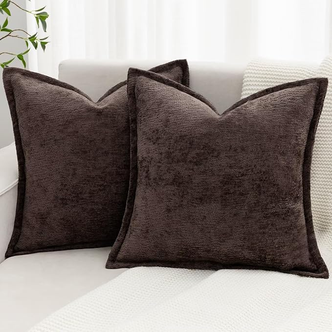 Brown Decorative Throw Pillow Covers 24x24 Inch Set of 2 Cozy Soild Chenille Cushion Cases Soft Textured Square Couch Pillows Cover Boho Accent Farmhouse Pillowcases for Sofa Bed