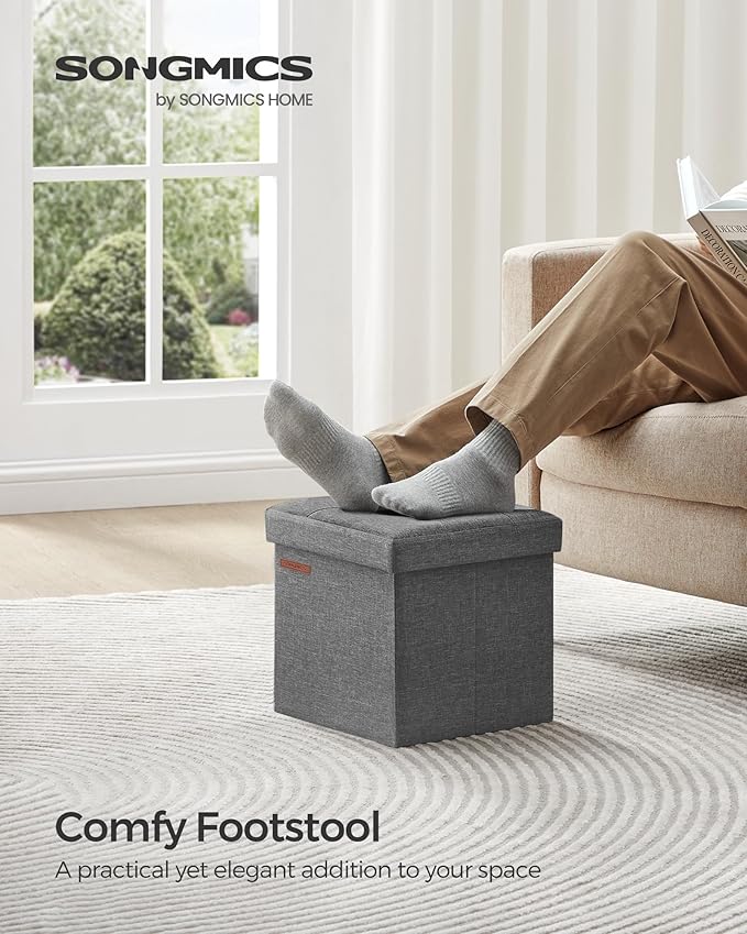 SONGMICS 11.8 Inches Small Folding Storage Ottoman Cube, Storage Footrest, Foot Rest Stool, for Living Room, Bedroom, Dorm, Dark Gray ULSF028G01