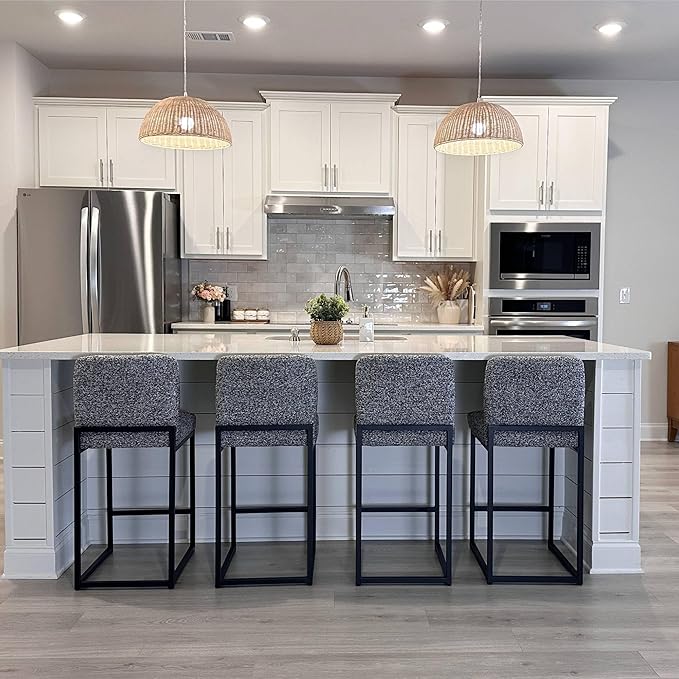 ALPHA HOME 24" Bar Stools Set of 4 Kitchen Counter Stools with Back, Counter Height Stools with Upholstered Footrest for Kitchen Island, Metal Steel Frame, Chenille, Gray