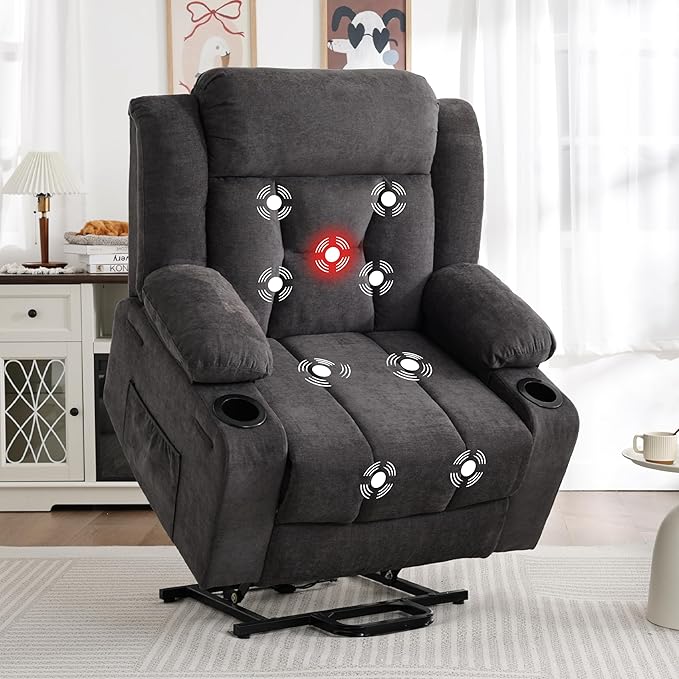 Dual Motor Power Lift Recliner for Elderly, Large Electric Lift Recliner with Massage and Heat, Cup Holders, Side Pocket, Fabric(Dark Grey)
