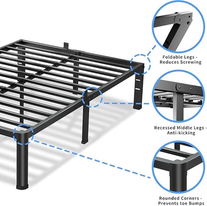 20 Inch Queen Bed Frame, 3500Lbs Heavy Duty Metal Platform with Round Corner Legs Mattress Slide Stopper, Steel Slat Support No Box Spring Needed, Noise Free, Non-Slip, Easy Assembly