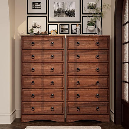 6 Drawer Dresser 52" Tall for Bedroom, Wood 6 Chest Drawers, Storage for Clothes, Narrow Large Drawers, Taupe Vintage, for Living Room, Bedroom, Hallway, Cherry Wood