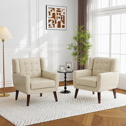 Lumibee Accent Chairs Set of 2, Modern Faux Leather Armchairs for Living Room, Comfy Upholstered Arm Chairs Tufted for Indoor Bedroom Office Room (P Cream)