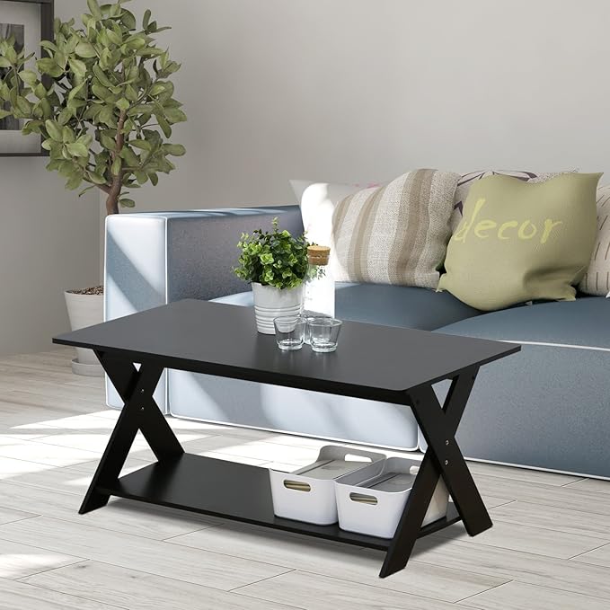 Furinno Modern Coffee Table, Rectangle Modern Coffee Table with X-Legs, Criss-Crossed Side Table, for Living Room, Bedroom, Home Office, Black Espresso