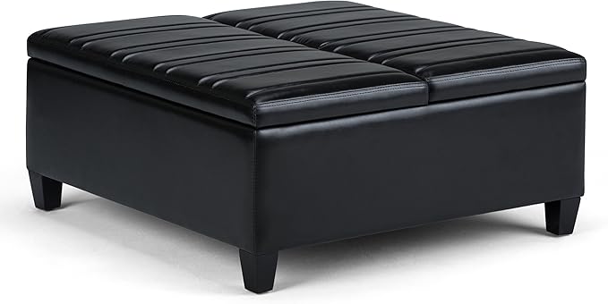 SIMPLIHOME Ellis 36 inch Wide Contemporary Square Coffee Table Storage Ottoman in Midnight Black Vegan Faux Leather, Assembled, For the Living Room and Bedroom
