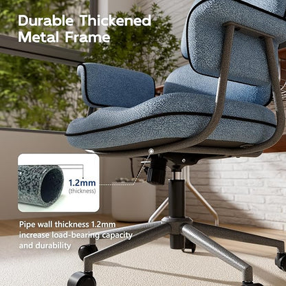 Blue Desk Chair with Wheels and Wide Arms, Soft Granular Linen Fabric Office Chair, Mid Back Vintage Comfy Home Office Desk Chairs with Molded Cotton Seat Cushion, Adjustable Height
