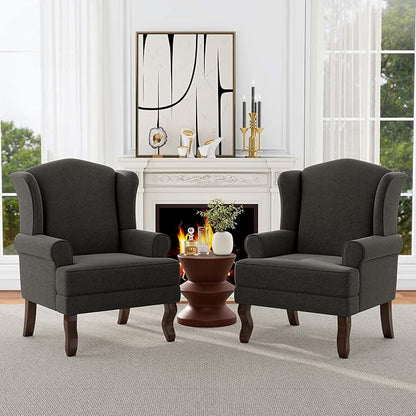 Accent Chair, High Back Upholstered Armchair with High Resilience Sponge & Wood Legs, Mid-Century Modern Comfy Single Sofa Reading Chairs for Living Room, Bedroom (Dark Grey, Set of 2)