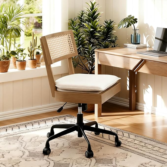 Home Office Desk Chair with Wheels, Ergonomic Computer Task Chair with Rattan Back, Adjustable Height Armless Swivel Chair with Removable Cushion for Small Space, Light Brown