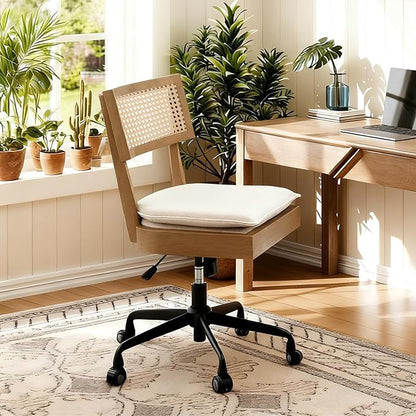 Home Office Desk Chair with Wheels, Ergonomic Computer Task Chair with Rattan Back, Adjustable Height Armless Swivel Chair with Removable Cushion for Small Space, Light Brown