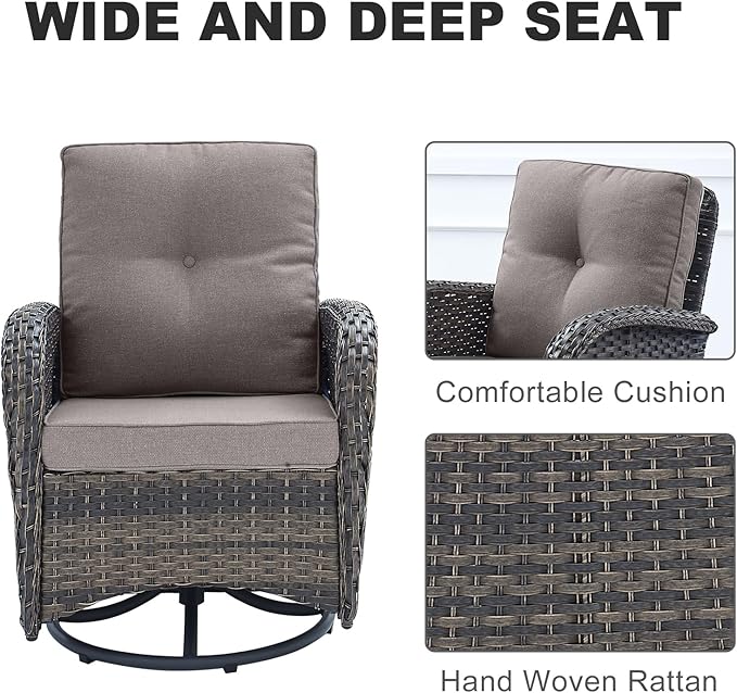 HUMMUH 5-Piece Patio Furniture Set with Fire Pit,Wicker Outdoor Swivel Rocker Chairs Patio Sofa for Backyard,Poolside,Deck,Brown Grey