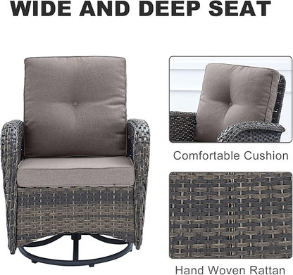 HUMMUH 7 Piece Patio Furniture Set with Fire Pit Table,Wicker Patio Swivel Rocker Outdoor Chairs 3-Seat Sofa for Porch,Poolside,Deck
