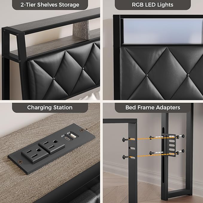 Queen Headboard Only, Headboard for Queen Size Bed with Storage, Upholstered Headboards with LED Lights & Charging Station, Attach Frame, Ideal for Bedroom/Dorm/Guest Room, Black, Faux Leather