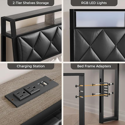 Queen Headboard Only, Headboard for Queen Size Bed with Storage, Upholstered Headboards with LED Lights & Charging Station, Attach Frame, Ideal for Bedroom/Dorm/Guest Room, Black, Faux Leather