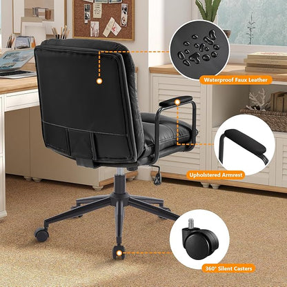 Furniliving Leather Home Desk Chair, Comfortable Executive Office Chair with Wheels, Ergonomic Computer Task Chair Adjustable Height, Black