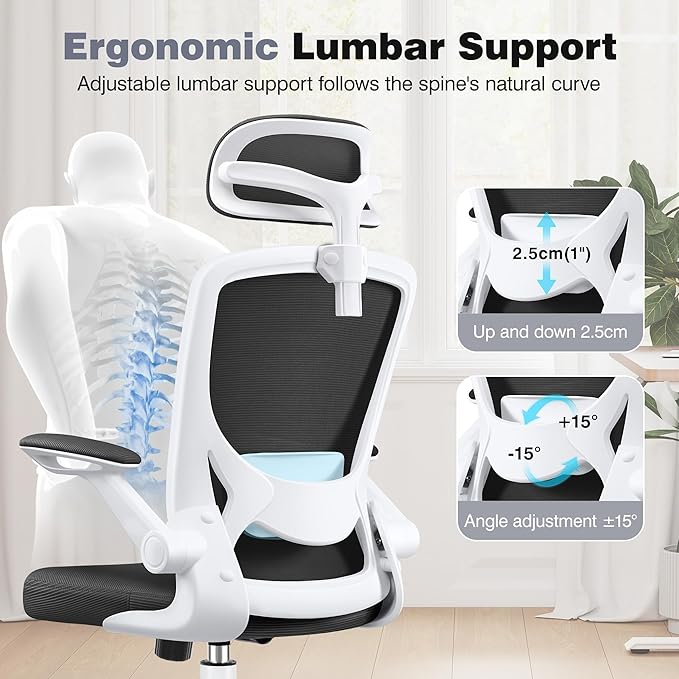 Ergonomic Office Chair, Computer Desk Chair Comfy with Adjustable Headrest, Lumbar Support, Flip-up Armrests, Gaming Chairs for Long Hours, White