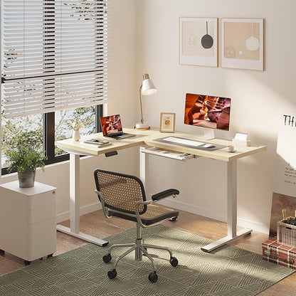 L-Shaped Standing Desk, 63 x 47 Inches Height Adjustable Desk with Storage, Sit and Stand up for Work Office Home, Ergonomic Rising Computer Table for Home Office with Splice Board, Maple