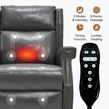 Manual Recliner Chair with Massage & Lumbar Heat, Breathable Leather Reclining Chair for Adults, Humanized Design Easy to Install Living Room Recliners Grey