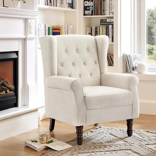 Lumibee High Back Accent Chair,Upholstered Wingback Armchair with Solid Wood Legs for Small Spaces,Comfy Single Sofa Chair for Living Room,Bedroom,Office-Beige