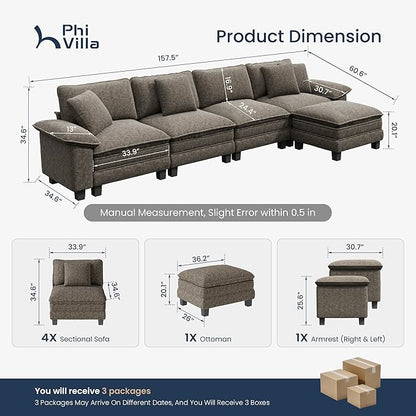 PHI VILLA Cloud Modular Couch Sets, 157.5" Sectional Sofa with L-Shaped Chaise, 5-Seater Upholstered Couches with Movable Ottoman for Living Room, Chenille Fabric, Smoky Grey