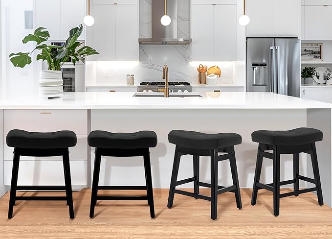 Counter Height Black Bar Stools Set of 3 for Kitchen Counter Farmhouse Modern Barstools with Faux Leather Upholstered Backless Seat and Solid Wood Legs 24 inch Bar Chairs