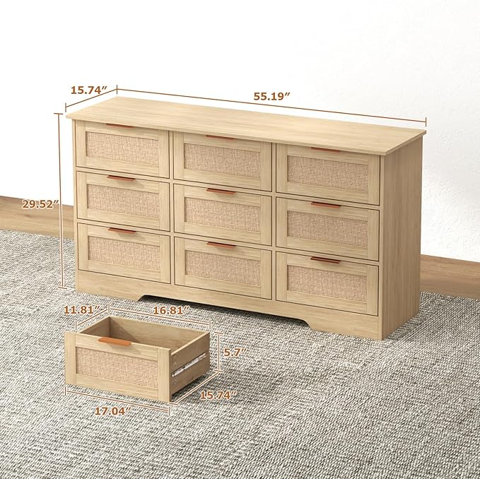 LTMEUTY 9 Drawer Dresser for Bedroom, Rattan Chest of Drawers, Modern Boho Wood Dresser Chest with Golden Handles, 55” Wide Large Storage Long Dressers Organizer for Closet, Entryway, Living Room