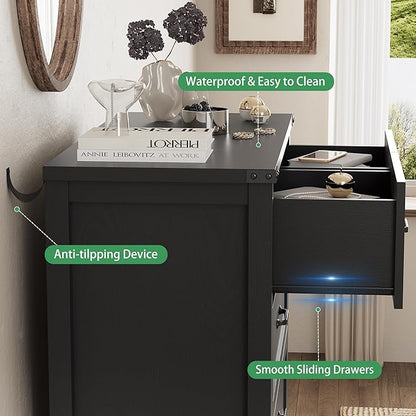 Dresser for Bedroom with 6 Drawers, 49" Tall Wood Chest of Drawers with Deep Drawers & Mental Handle, Modern Dresser TV Stand, Wooden Closet Storage Organizer for Living Room, Hallway, Entryway, Black