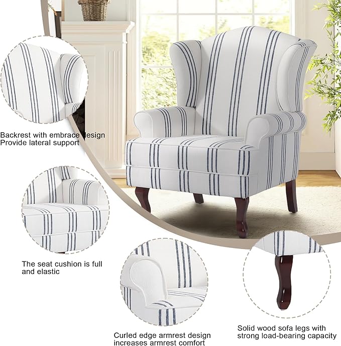 Pia Ricco Stripe High Back Floral Accent Chair, Upholstered Fabric Armchair with Solid Wood Legs - Retro Living Room Reading Chair, Comfortable Single Sofa Seat-Navy