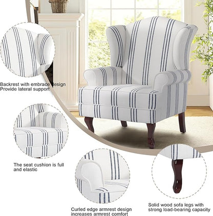 Pia Ricco Stripe High Back Floral Accent Chair, Upholstered Fabric Armchair with Solid Wood Legs - Retro Living Room Reading Chair, Comfortable Single Sofa Seat-Navy