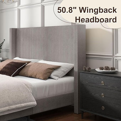 HOWE King Size Upholstered Platform Bed Frame, Wingback Bed with 50.8" Headboard, Corduroy/Solid Wood Leg/No Box Spring Needed/Noise Free/Taupe