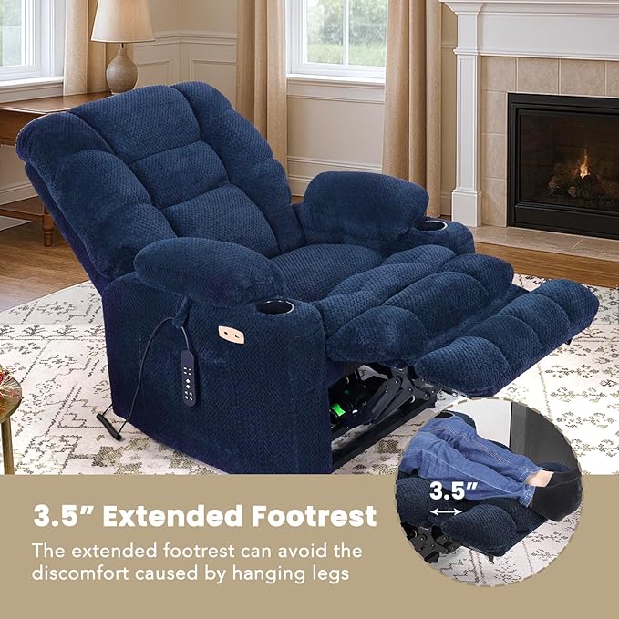EONIX Wide Lay Flat Power Lift Recliner Chair for Elderly, Dual Motor Oversized Lift Chair with Heat and Massage and Cup Holders, 400lbs Heavy Duty Lift Recliner Sofa, Navy Blue