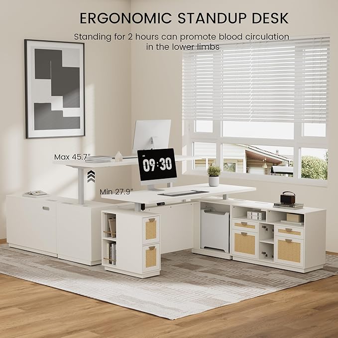 71" L Shaped Executive Desk with File Cabinet, Electric Adjustable Height Standing Desk for Home and Office, Furniture Sets with Multiple Functions, AC/USB, 1.18" Desktop, White Rattan
