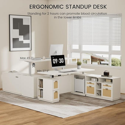 71" L Shaped Executive Desk with File Cabinet, Electric Adjustable Height Standing Desk for Home and Office, Furniture Sets with Multiple Functions, AC/USB, 1.18" Desktop, White Rattan