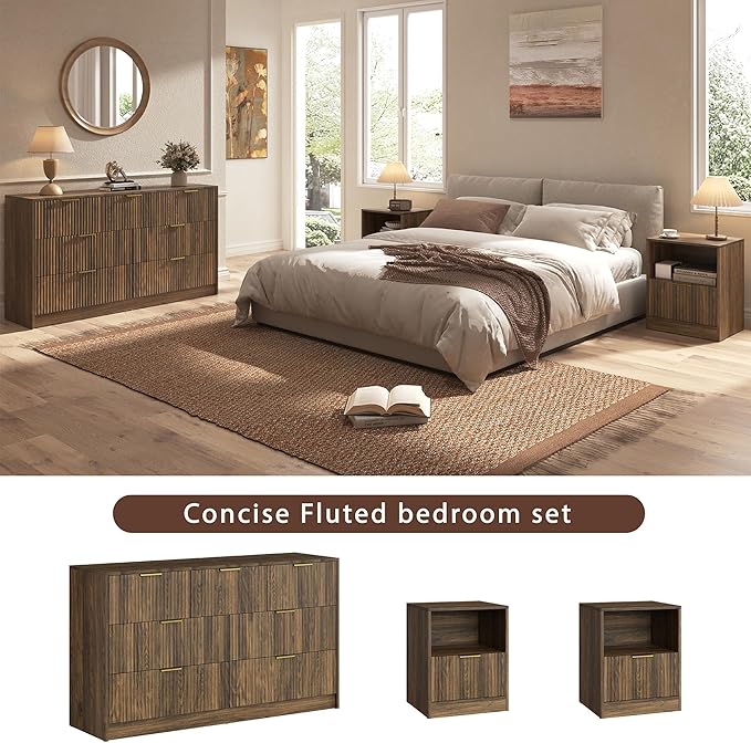 3-Piece Modern Bedroom Furniture Set, Wide 7-Drawer Dresser & 1-Drawer Nightstands Set of 2, Natural Wood Dresser and Nightstand Sets for Bedroom, Hallway, Walnut