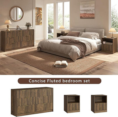 3-Piece Modern Bedroom Furniture Set, Wide 7-Drawer Dresser & 1-Drawer Nightstands Set of 2, Natural Wood Dresser and Nightstand Sets for Bedroom, Hallway, Walnut