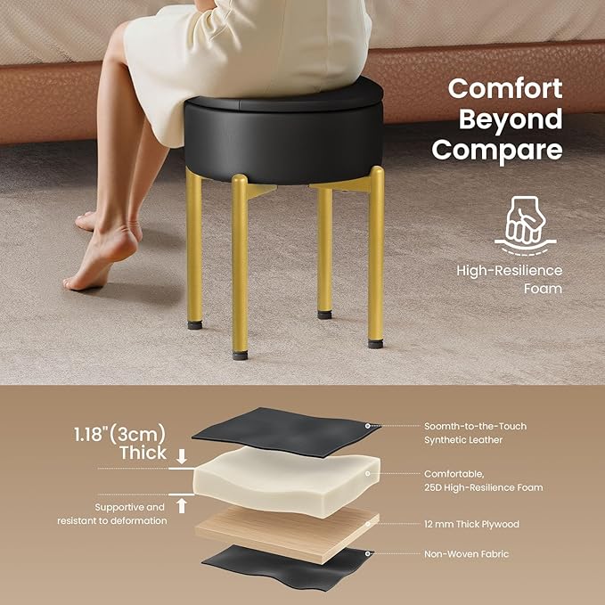 18-Inch Leather Vanity Stool Chair with Storage, Vanity Bench with 4 Golden Metal Legs & Anti-Slip Adjustable Feet,Round Storage Ottoman Stool with Removable Soft Padded Seat, Black