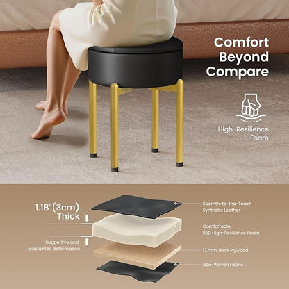 18-Inch Leather Vanity Stool Chair with Storage, Vanity Bench with 4 Golden Metal Legs & Anti-Slip Adjustable Feet,Round Storage Ottoman Stool with Removable Soft Padded Seat, Black