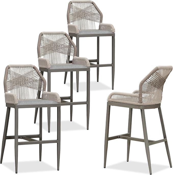 PURPLE LEAF 4 Pieces Bar Stools Patio Modern Rattan Barstools Aluminum Woven Tall Bar Chairs with Cushions for Outdoor Kitchen Island Garden