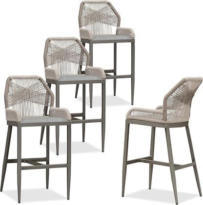 PURPLE LEAF 4 Pieces Bar Stools Patio Modern Rattan Barstools Aluminum Woven Tall Bar Chairs with Cushions for Outdoor Kitchen Island Garden