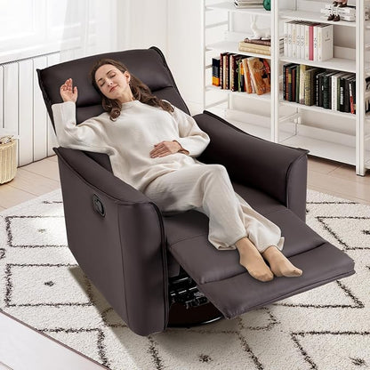 CANMOV Swivel Rocker Recliner, Glider Rocking Chair, Nursing Chairs Swivel Glider Recliners with Soft Backrest, Leathaire Manual Reclining Sofa for Living Room Bedroom Apartment, Dark Brown
