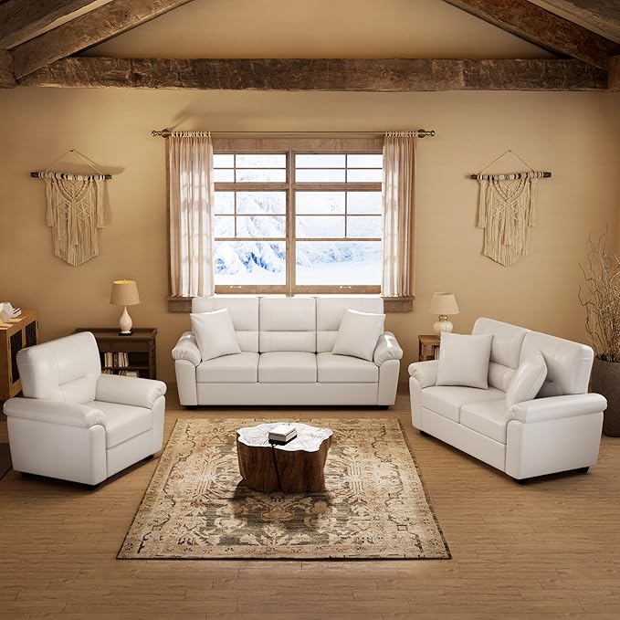 Morden Fort Faux Leather Chair, Loveseat and 3 Seater Sofa Set, Modern Luxury Furniture with Removable and Easy to Clean Cushions, Skin-Friendly Wide Arm for Living Room Apartment Office, White