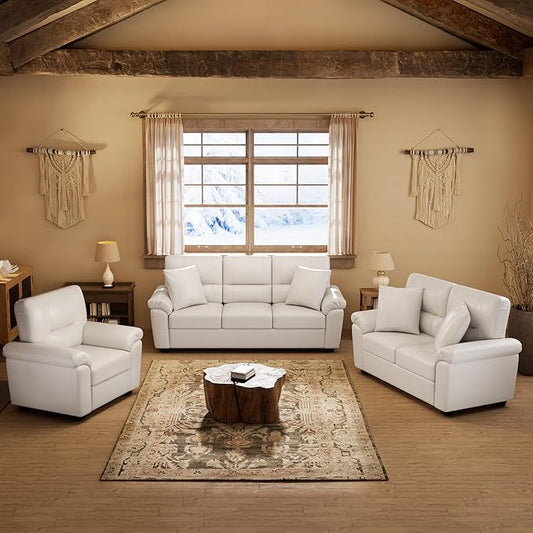 Morden Fort Faux Leather Chair, Loveseat and 3 Seater Sofa Set, Modern Luxury Furniture with Removable and Easy to Clean Cushions, Skin-Friendly Wide Arm for Living Room Apartment Office, White