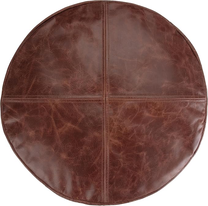 SIMPLIHOME Connor Boho Round Pouf in Distressed Brown Genuine Leather for the Living Room, Bedroom and Kids Room