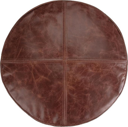 SIMPLIHOME Connor Boho Round Pouf in Distressed Brown Genuine Leather for the Living Room, Bedroom and Kids Room