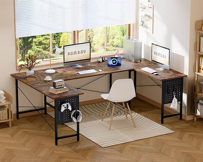 Pamray 71 Inch Large Computer Desk with Power Outlets,U Shaped Corner Desk for Home Office Work and Gaming Vintage
