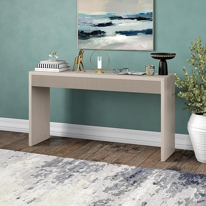 Henn&Hart 55'' Wooden Rectangular Fluted Console Table Entryway Table, Sofa Table for Entryway, Living Room, Couch, Hallway, or Office, Alder White