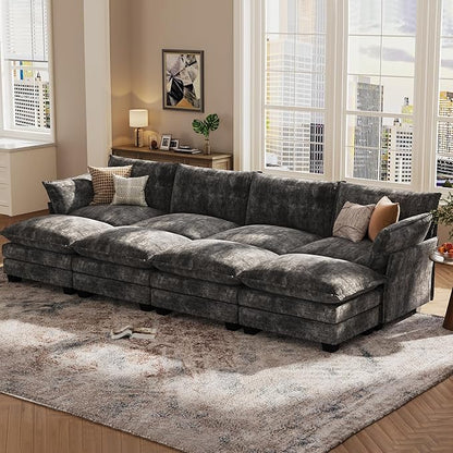 KKL 120" Huge Modular Sectional Sofa Bed, 8 Seater Convertible J/L/U-Shaped Sleeper Cloud Couch with Ottoman, Chenille Sectional Couches for Living Room, Apartment, Grey