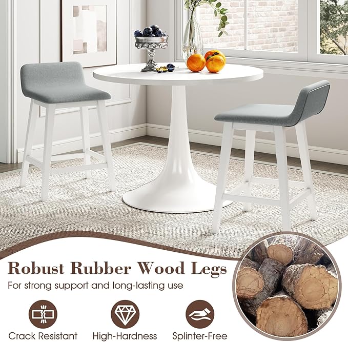 COSTWAY Wooden Counter Stools Set of 4, 24-inch Height Upholstered Padded Seat, Low Backrest, Footrest, Rubber Wood Legs, Armless Barstools for Kitchen Island, Dining Room, White+Gray